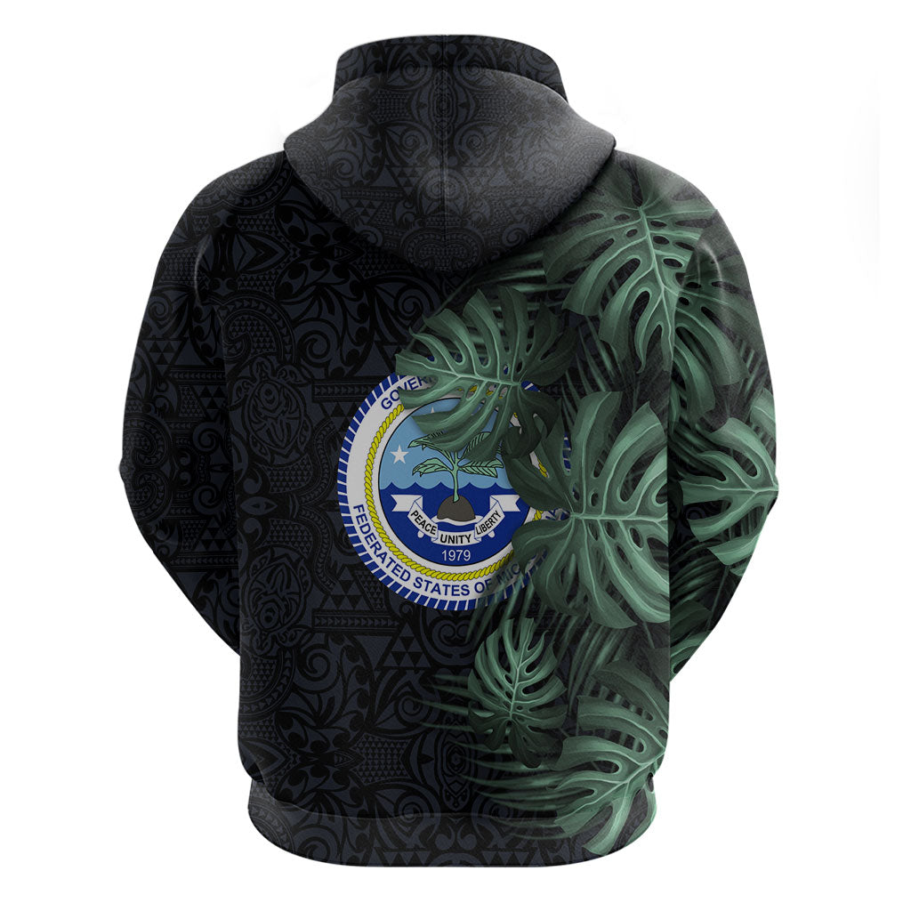 Federated States Of Micronesia Zip Hoodie FSM Tropical Monstera Leaf Dark Tribal Pattern