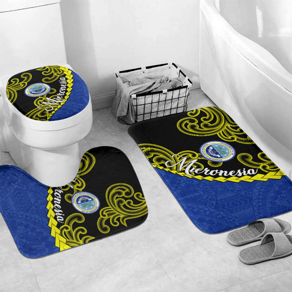 Federated States Of Micronesia FSM Bathroom Set Pacific Islander Tribal Swirl Geometric Pattern TS04 Mat Set Only (3 pcs) One Size Black Blue - Polynesian Pride