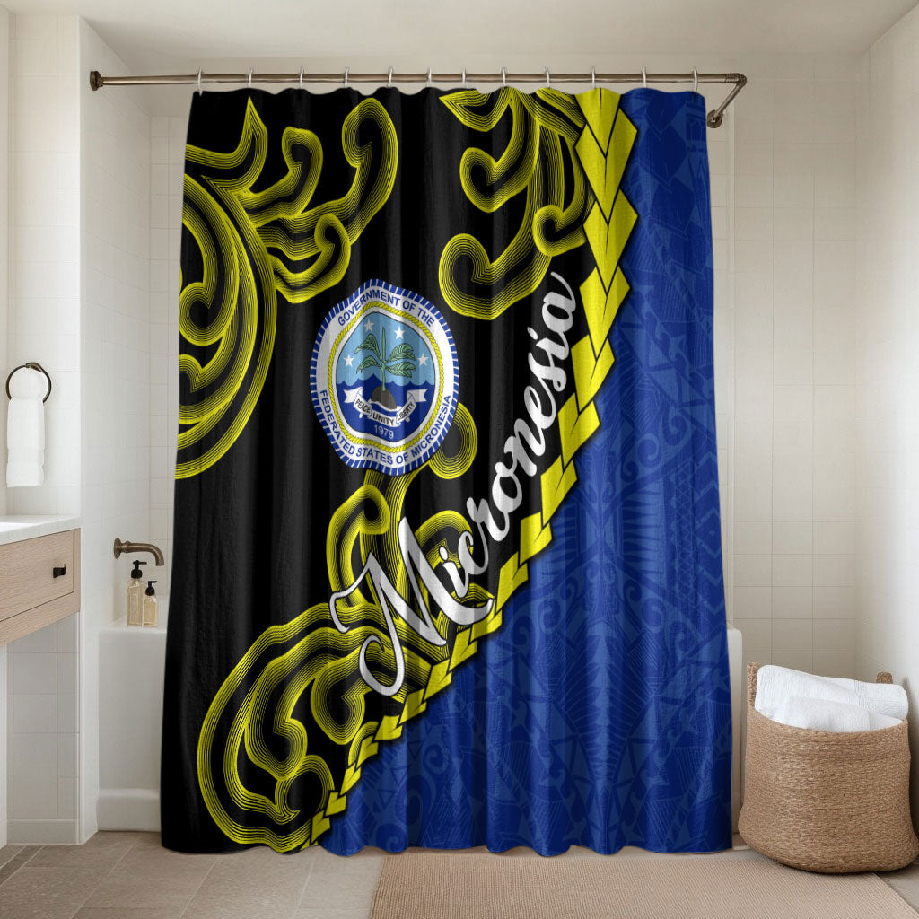 Federated States Of Micronesia FSM Bathroom Set Pacific Islander Tribal Swirl Geometric Pattern TS04 Shower Curtain Only Black Blue - Polynesian Pride