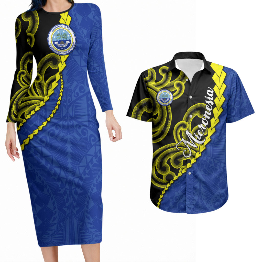 Federated States Of Micronesia FSM Couples Matching Long Sleeve Bodycon Dress and Hawaiian Shirt Pacific Islander Tribal Swirl Geometric Pattern TS04 Black Blue - Polynesian Pride