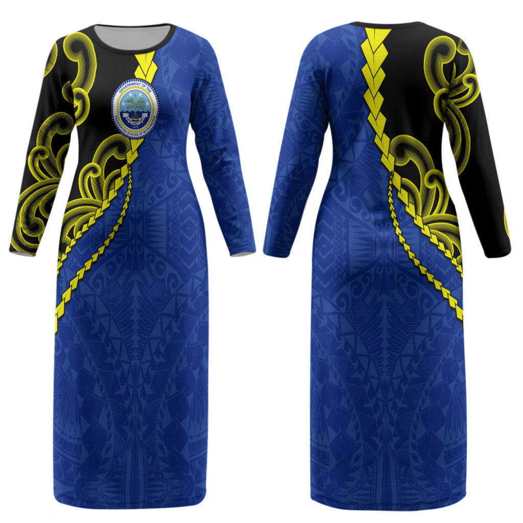 Federated States Of Micronesia FSM Couples Matching Long Sleeve Bodycon Dress and Hawaiian Shirt Pacific Islander Tribal Swirl Geometric Pattern TS04 - Polynesian Pride