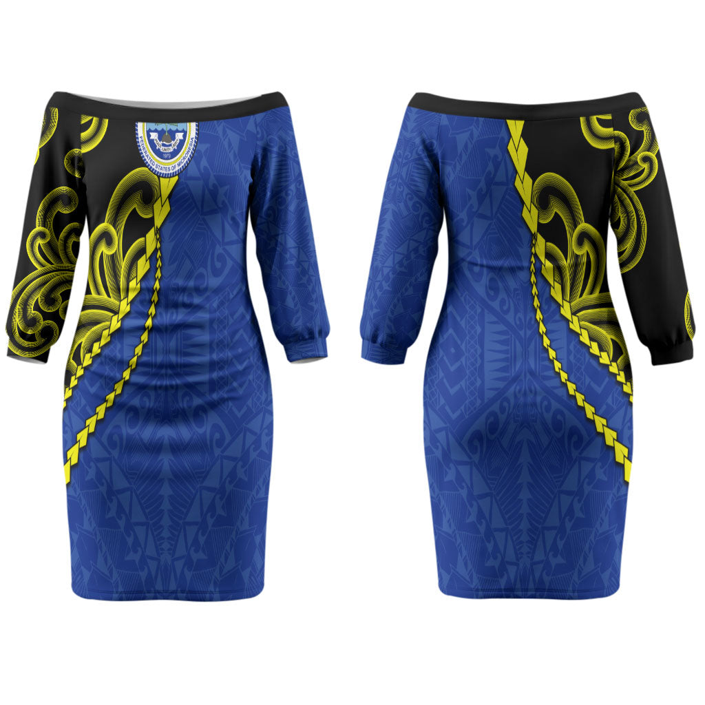 Federated States Of Micronesia FSM Couples Matching Off The Shoulder Long Sleeve Dress and Hawaiian Shirt Pacific Islander Tribal Swirl Geometric Pattern TS04 - Polynesian Pride