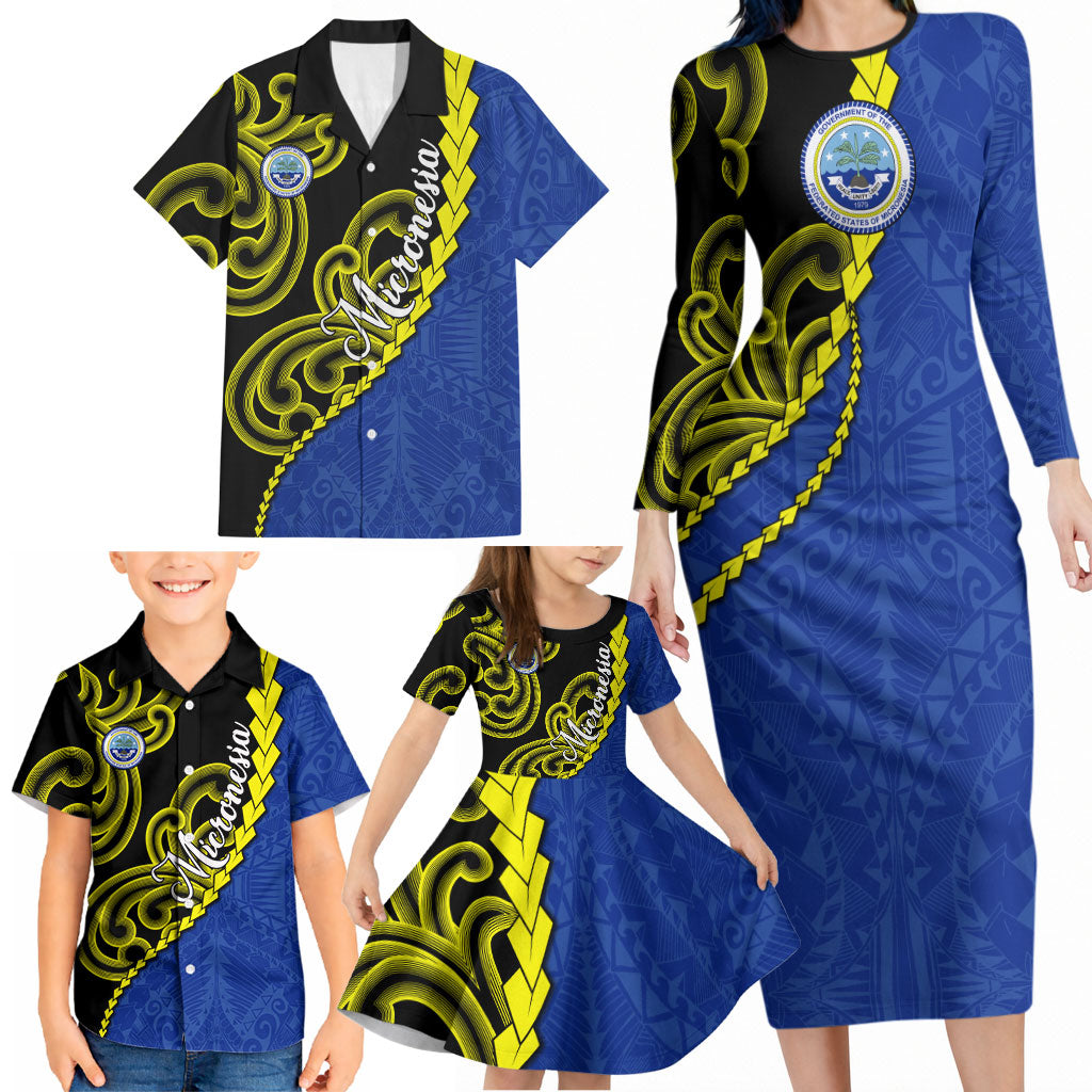 Federated States Of Micronesia FSM Family Matching Long Sleeve Bodycon Dress and Hawaiian Shirt Pacific Islander Tribal Swirl Geometric Pattern TS04 - Polynesian Pride
