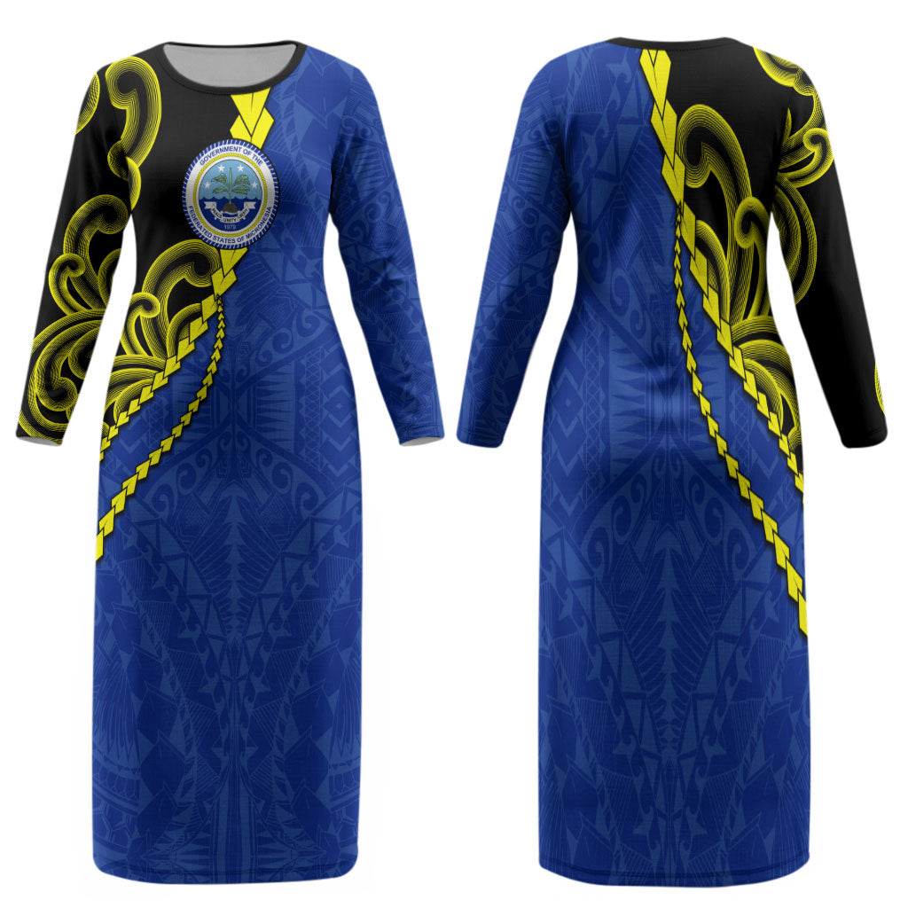 Federated States Of Micronesia FSM Family Matching Long Sleeve Bodycon Dress and Hawaiian Shirt Pacific Islander Tribal Swirl Geometric Pattern TS04 Mom's Dress Black Blue - Polynesian Pride