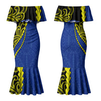 Federated States Of Micronesia FSM Family Matching Mermaid Dress and Hawaiian Shirt Pacific Islander Tribal Swirl Geometric Pattern TS04 Mom's Dress Black Blue - Polynesian Pride