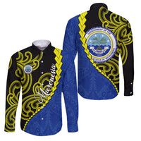 Federated States Of Micronesia FSM Family Matching Mermaid Dress and Hawaiian Shirt Pacific Islander Tribal Swirl Geometric Pattern TS04 Dad's Shirt - Long Sleeve Black Blue - Polynesian Pride