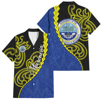Federated States Of Micronesia FSM Family Matching Off The Shoulder Long Sleeve Dress and Hawaiian Shirt Pacific Islander Tribal Swirl Geometric Pattern TS04 Dad's Shirt - Short Sleeve Black Blue - Polynesian Pride