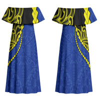 Federated States Of Micronesia FSM Family Matching Off Shoulder Maxi Dress and Hawaiian Shirt Pacific Islander Tribal Swirl Geometric Pattern TS04 Mom's Dress Black Blue - Polynesian Pride