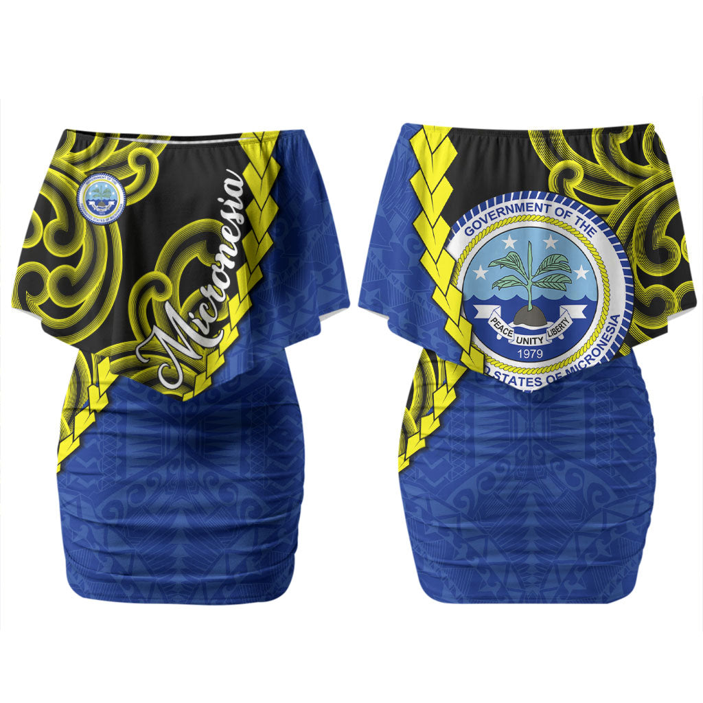 Federated States Of Micronesia FSM Family Matching Off Shoulder Short Dress and Hawaiian Shirt Pacific Islander Tribal Swirl Geometric Pattern TS04 Mom's Dress Black Blue - Polynesian Pride