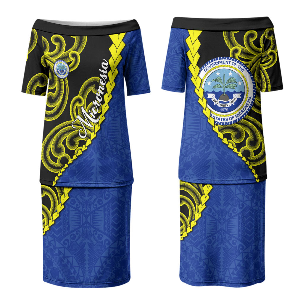Federated States Of Micronesia FSM Family Matching Puletasi and Hawaiian Shirt Pacific Islander Tribal Swirl Geometric Pattern TS04 Mom's Dress Black Blue - Polynesian Pride