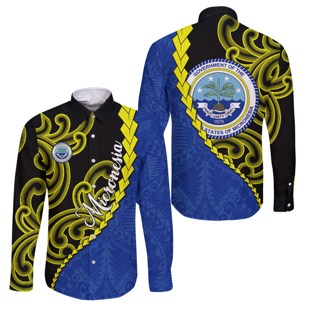 Federated States Of Micronesia FSM Family Matching Puletasi and Hawaiian Shirt Pacific Islander Tribal Swirl Geometric Pattern TS04 Dad's Shirt - Long Sleeve Black Blue - Polynesian Pride