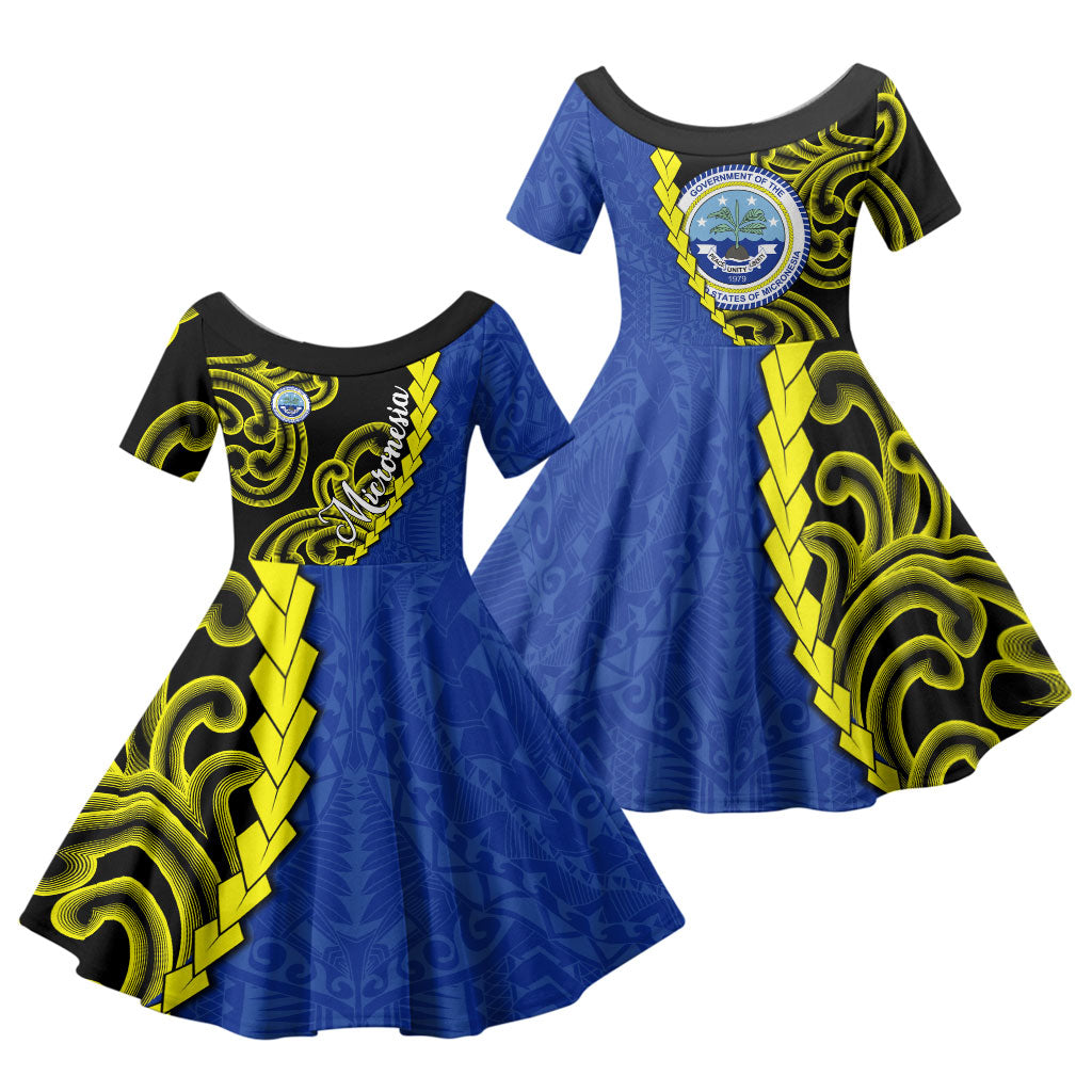 Federated States Of Micronesia FSM Family Matching Puletasi and Hawaiian Shirt Pacific Islander Tribal Swirl Geometric Pattern TS04 Daughter's Dress Black Blue - Polynesian Pride