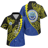 Federated States Of Micronesia FSM Family Matching Puletasi and Hawaiian Shirt Pacific Islander Tribal Swirl Geometric Pattern TS04 Son's Shirt Black Blue - Polynesian Pride