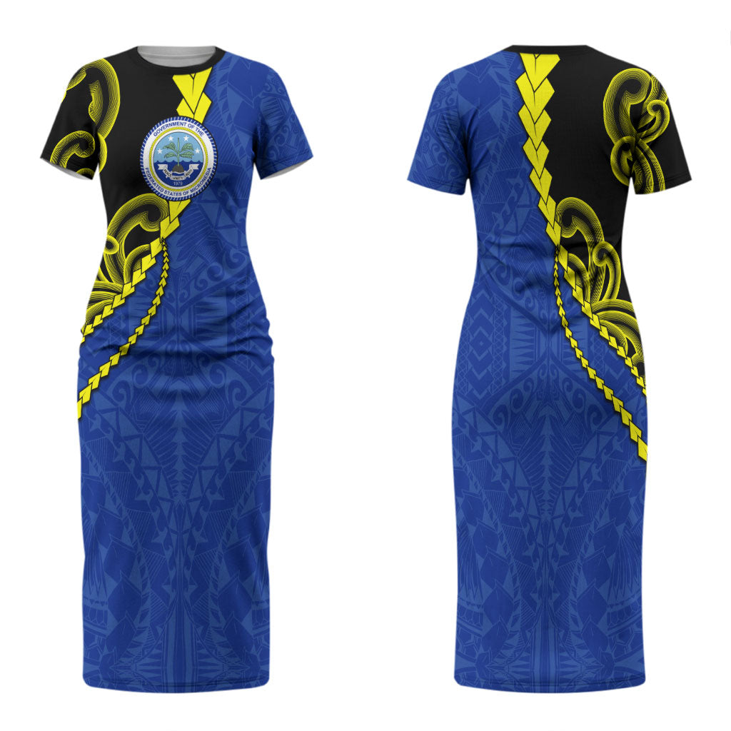 Federated States Of Micronesia FSM Family Matching Short Sleeve Bodycon Dress and Hawaiian Shirt Pacific Islander Tribal Swirl Geometric Pattern TS04 Mom's Dress Black Blue - Polynesian Pride