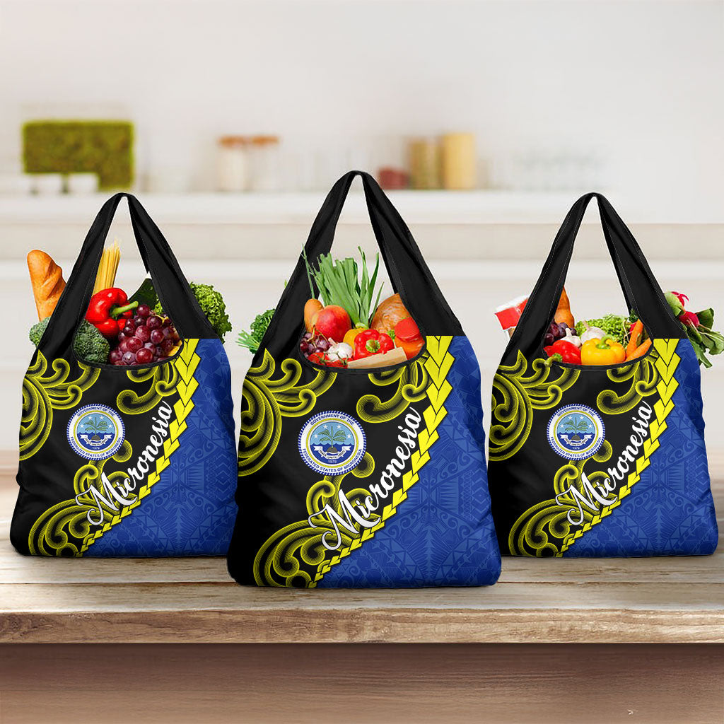Federated States Of Micronesia FSM Grocery Bag Pacific Islander Tribal Swirl Geometric Pattern TS04 3-pack One Size Black Blue - Polynesian Pride