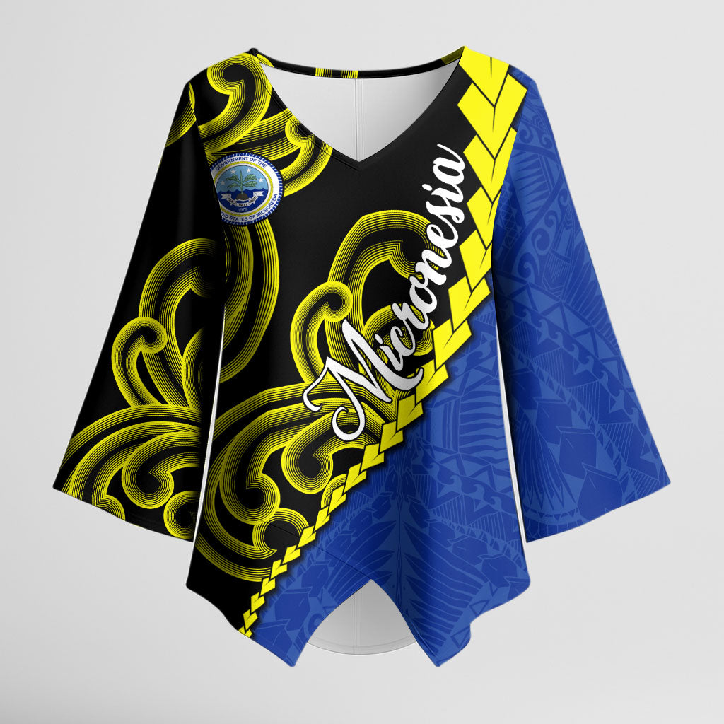 Federated States Of Micronesia FSM Kimono Sleeve Blouse Pacific Islander Tribal Swirl Geometric Pattern TS04 Female Black Blue - Polynesian Pride