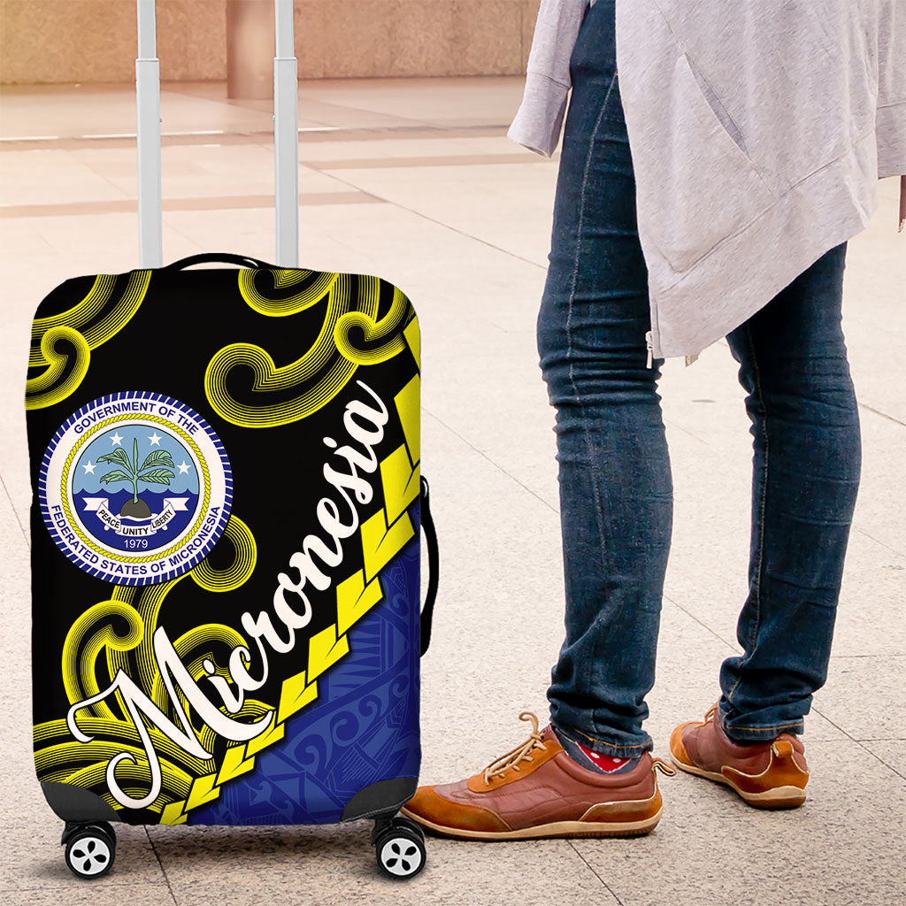 Federated States Of Micronesia FSM Luggage Cover Pacific Islander Tribal Swirl Geometric Pattern TS04 Black Blue - Polynesian Pride