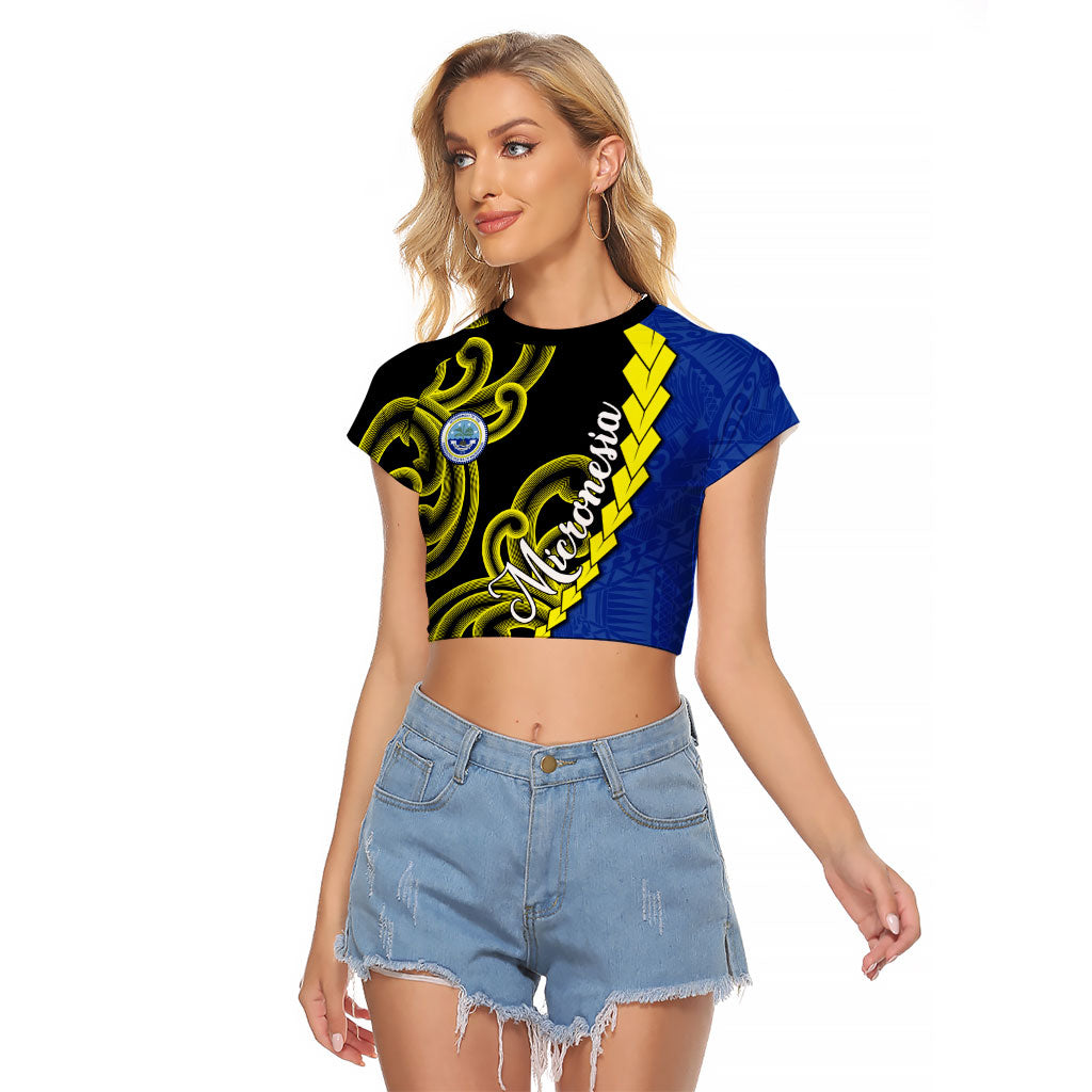 Federated States Of Micronesia FSM Raglan Cropped T Shirt Pacific Islander Tribal Swirl Geometric Pattern TS04 Female Black Blue - Polynesian Pride