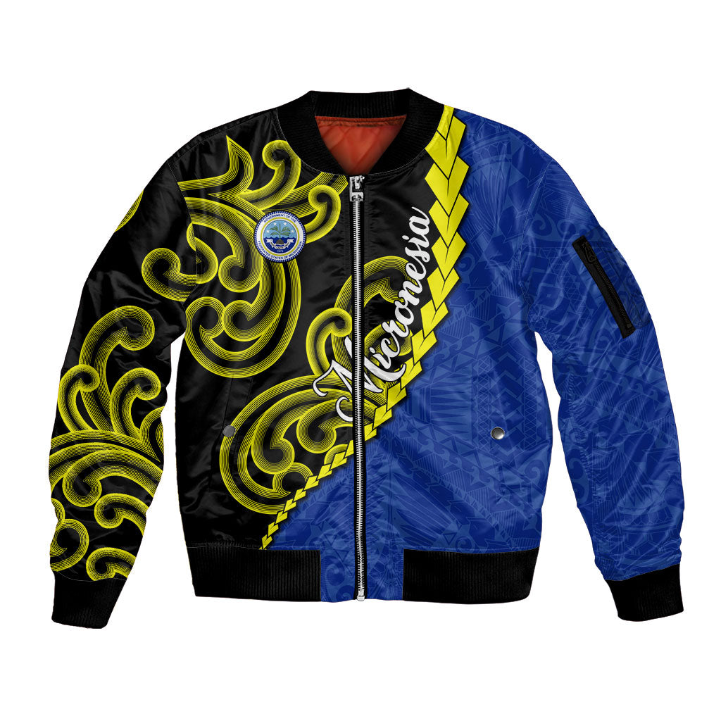Federated States Of Micronesia FSM Sleeve Zip Bomber Jacket Pacific Islander Tribal Swirl Geometric Pattern TS04 Unisex Black Blue - Polynesian Pride