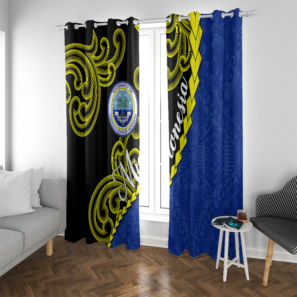 Federated States Of Micronesia FSM Window Curtain Pacific Islander Tribal Swirl Geometric Pattern TS04 With Grommets Black Blue - Polynesian Pride