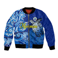 Micronesia Sea Turtle Bomber Jacket Federated States Of Micronesia Tribal Floral Pattern TS04 Unisex Blue White - Polynesian Pride