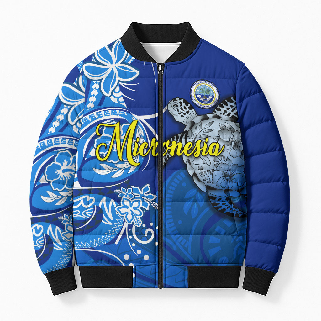Micronesia Sea Turtle Bomber Puffer Jacket Federated States Of Micronesia Tribal Floral Pattern TS04 Unisex Blue White - Polynesian Pride