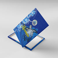 Micronesia Sea Turtle Canvas Wall Art Federated States Of Micronesia Tribal Floral Pattern TS04 With Frame Blue White - Polynesian Pride