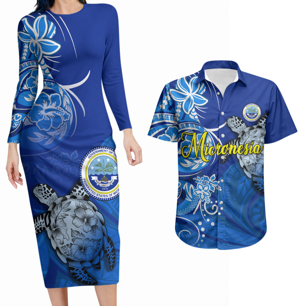 Micronesia Sea Turtle Couples Matching Long Sleeve Bodycon Dress and Hawaiian Shirt Federated States Of Micronesia Tribal Floral Pattern TS04 Blue White - Polynesian Pride