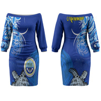 Micronesia Sea Turtle Couples Matching Off The Shoulder Long Sleeve Dress and Hawaiian Shirt Federated States Of Micronesia Tribal Floral Pattern TS04 - Polynesian Pride