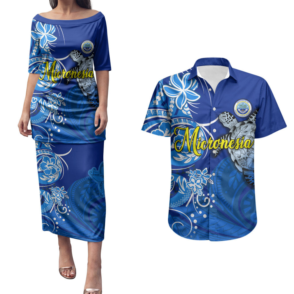 Micronesia Sea Turtle Couples Matching Puletasi and Hawaiian Shirt Federated States Of Micronesia Tribal Floral Pattern TS04 Blue White - Polynesian Pride
