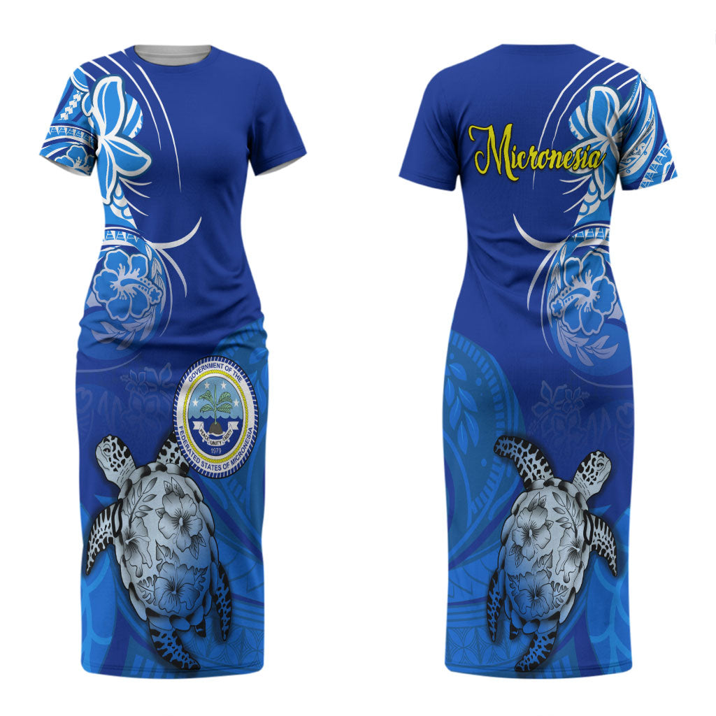 Micronesia Sea Turtle Couples Matching Short Sleeve Bodycon Dress and Hawaiian Shirt Federated States Of Micronesia Tribal Floral Pattern TS04 - Polynesian Pride