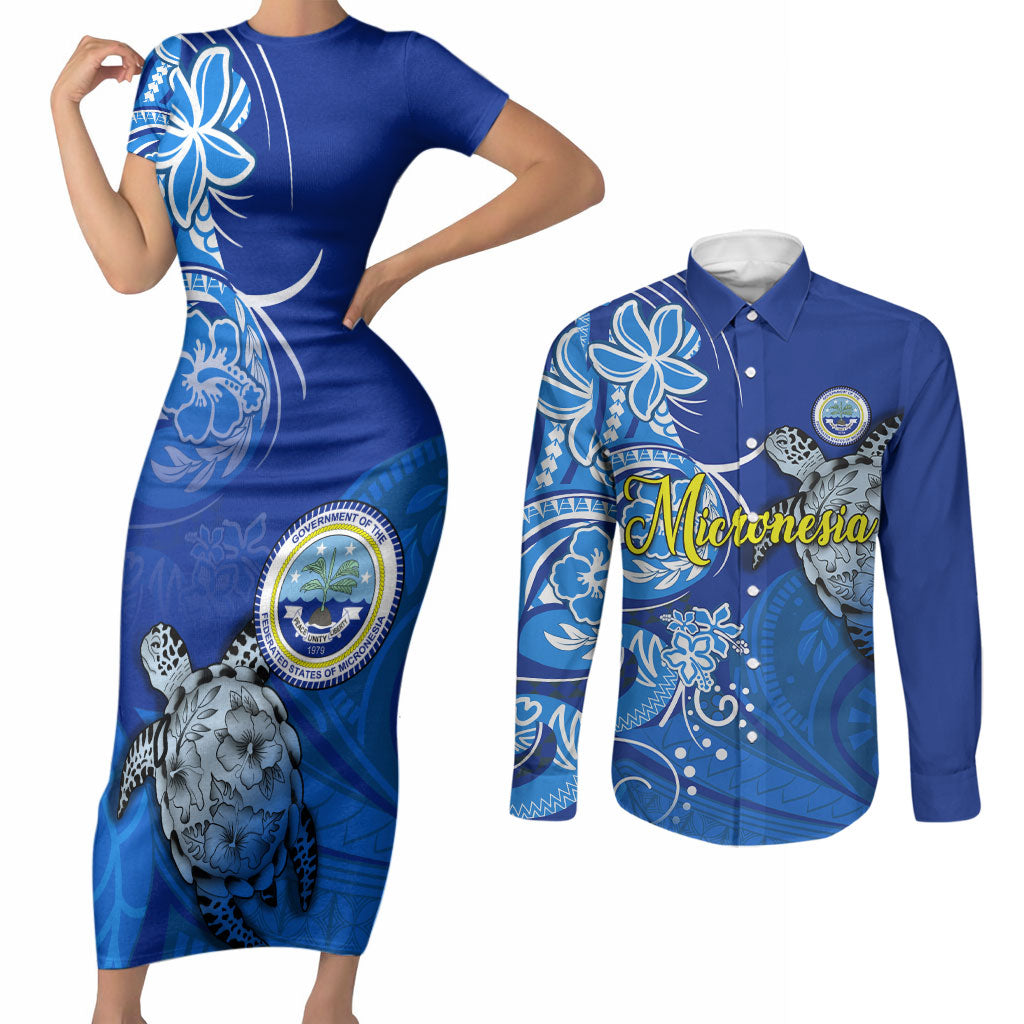 Micronesia Sea Turtle Couples Matching Short Sleeve Bodycon Dress and Long Sleeve Button Shirt Federated States Of Micronesia Tribal Floral Pattern