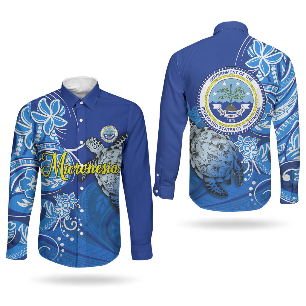 Micronesia Sea Turtle Couples Matching Summer Maxi Dress and Long Sleeve Button Shirt Federated States Of Micronesia Tribal Floral Pattern TS04 - Polynesian Pride
