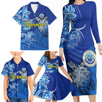 Micronesia Sea Turtle Family Matching Long Sleeve Bodycon Dress and Hawaiian Shirt Federated States Of Micronesia Tribal Floral Pattern TS04 - Polynesian Pride