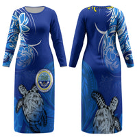 Micronesia Sea Turtle Family Matching Long Sleeve Bodycon Dress and Hawaiian Shirt Federated States Of Micronesia Tribal Floral Pattern TS04 Mom's Dress Blue White - Polynesian Pride