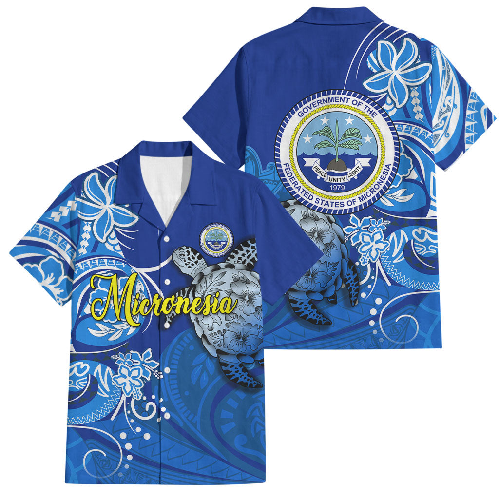 Micronesia Sea Turtle Family Matching Mermaid Dress and Hawaiian Shirt Federated States Of Micronesia Tribal Floral Pattern TS04 Dad's Shirt - Short Sleeve Blue White - Polynesian Pride
