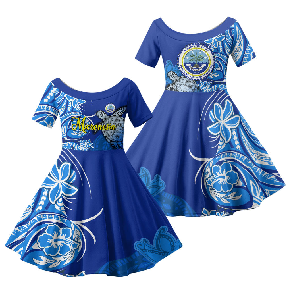 Micronesia Sea Turtle Family Matching Mermaid Dress and Hawaiian Shirt Federated States Of Micronesia Tribal Floral Pattern TS04 Daughter's Dress Blue White - Polynesian Pride