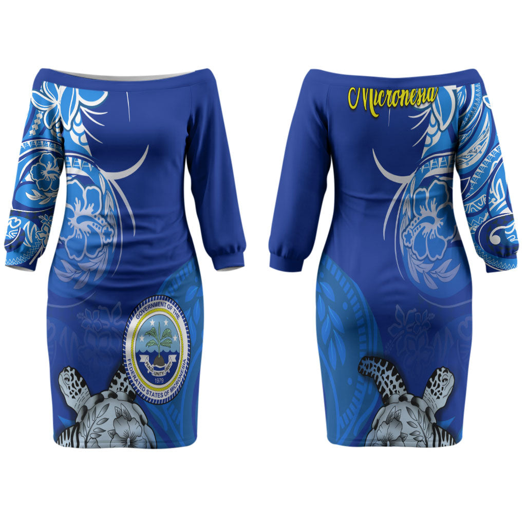 Micronesia Sea Turtle Family Matching Off The Shoulder Long Sleeve Dress and Hawaiian Shirt Federated States Of Micronesia Tribal Floral Pattern TS04 Mom's Dress Blue White - Polynesian Pride