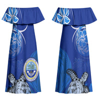 Micronesia Sea Turtle Family Matching Off Shoulder Maxi Dress and Hawaiian Shirt Federated States Of Micronesia Tribal Floral Pattern TS04 Mom's Dress Blue White - Polynesian Pride