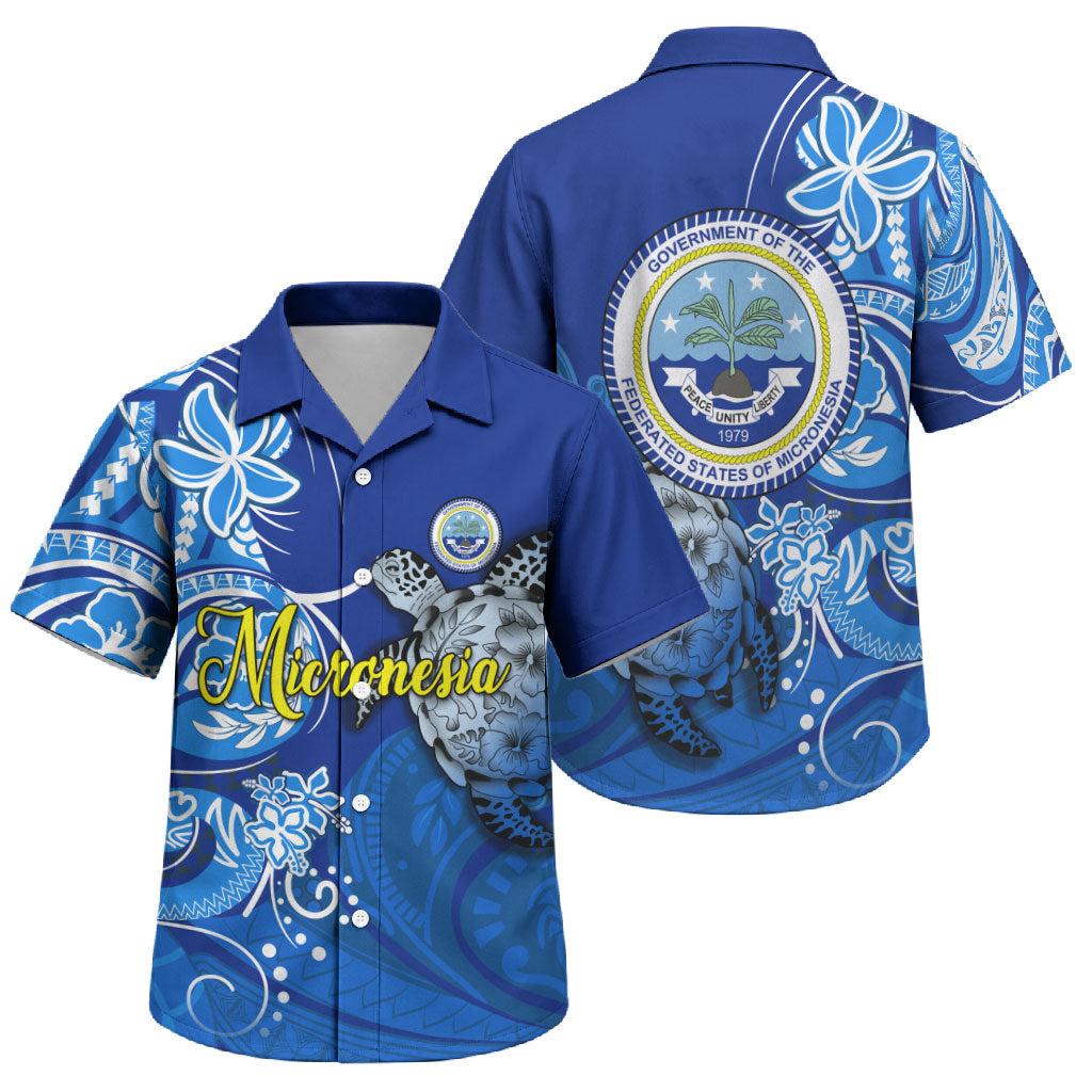 Micronesia Sea Turtle Family Matching Off Shoulder Maxi Dress and Hawaiian Shirt Federated States Of Micronesia Tribal Floral Pattern TS04 Son's Shirt Blue White - Polynesian Pride