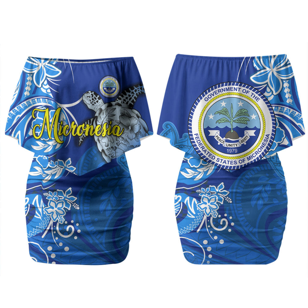 Micronesia Sea Turtle Family Matching Off Shoulder Short Dress and Hawaiian Shirt Federated States Of Micronesia Tribal Floral Pattern TS04 Mom's Dress Blue White - Polynesian Pride