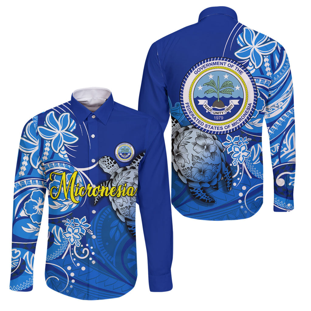 Micronesia Sea Turtle Family Matching Puletasi and Hawaiian Shirt Federated States Of Micronesia Tribal Floral Pattern TS04 Dad's Shirt - Long Sleeve Blue White - Polynesian Pride