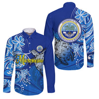 Micronesia Sea Turtle Family Matching Puletasi and Hawaiian Shirt Federated States Of Micronesia Tribal Floral Pattern TS04 Dad's Shirt - Long Sleeve Blue White - Polynesian Pride