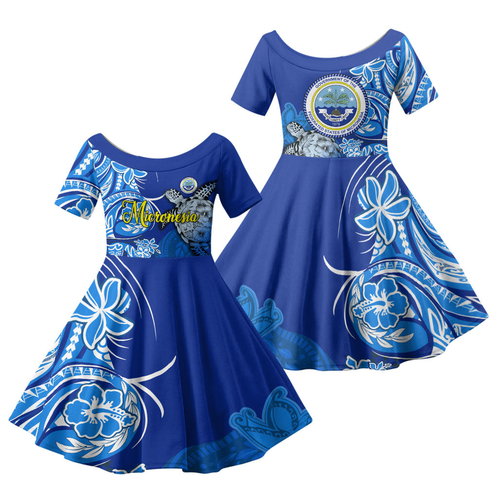 Micronesia Sea Turtle Family Matching Puletasi and Hawaiian Shirt Federated States Of Micronesia Tribal Floral Pattern TS04 Daughter's Dress Blue White - Polynesian Pride