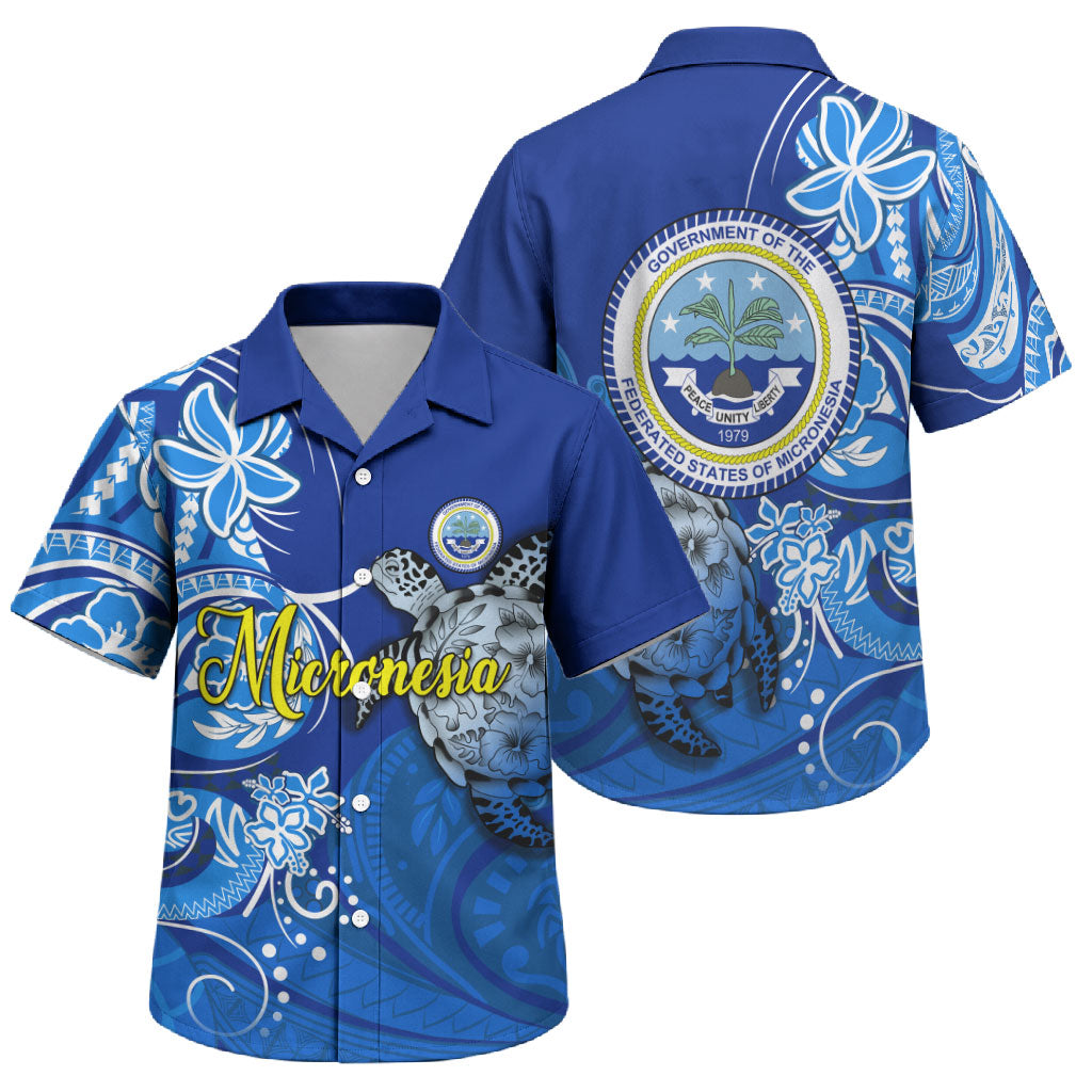 Micronesia Sea Turtle Family Matching Puletasi and Hawaiian Shirt Federated States Of Micronesia Tribal Floral Pattern TS04 Son's Shirt Blue White - Polynesian Pride