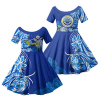 Micronesia Sea Turtle Family Matching Tank Maxi Dress and Hawaiian Shirt Federated States Of Micronesia Tribal Floral Pattern TS04 Daughter's Dress Blue White - Polynesian Pride