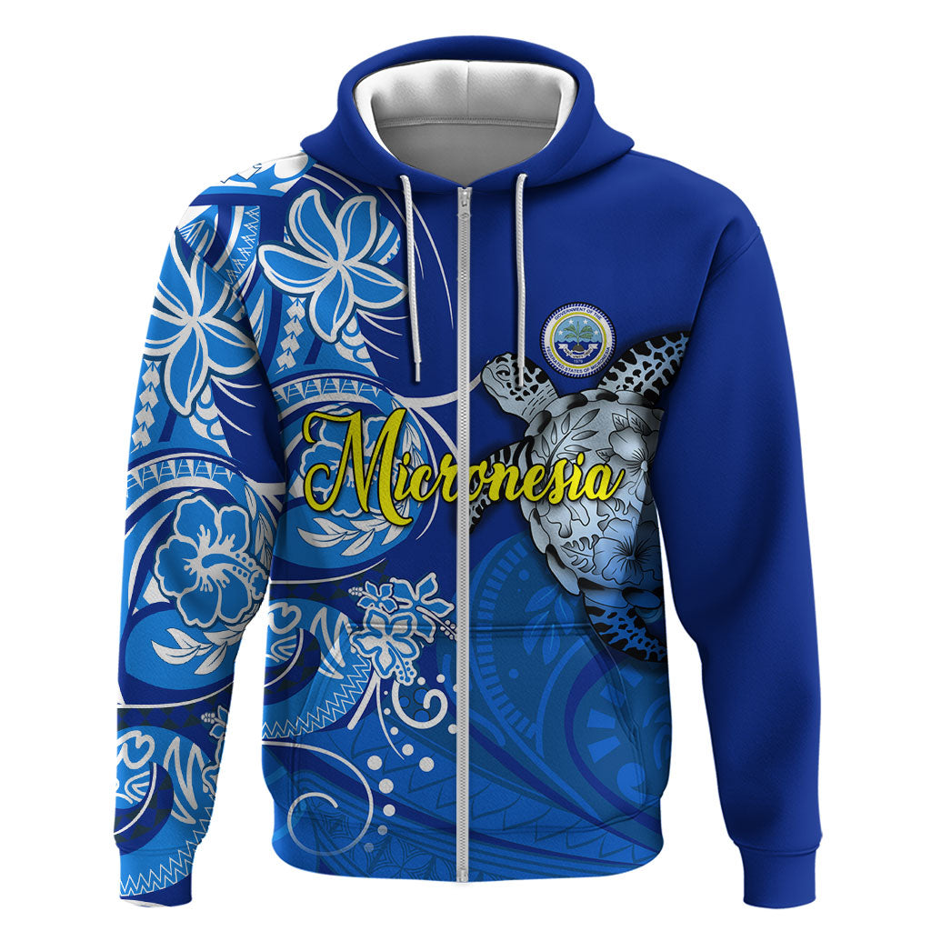 Micronesia Sea Turtle Hoodie Federated States Of Micronesia Tribal Floral Pattern TS04 Zip Hoodie Blue White - Polynesian Pride