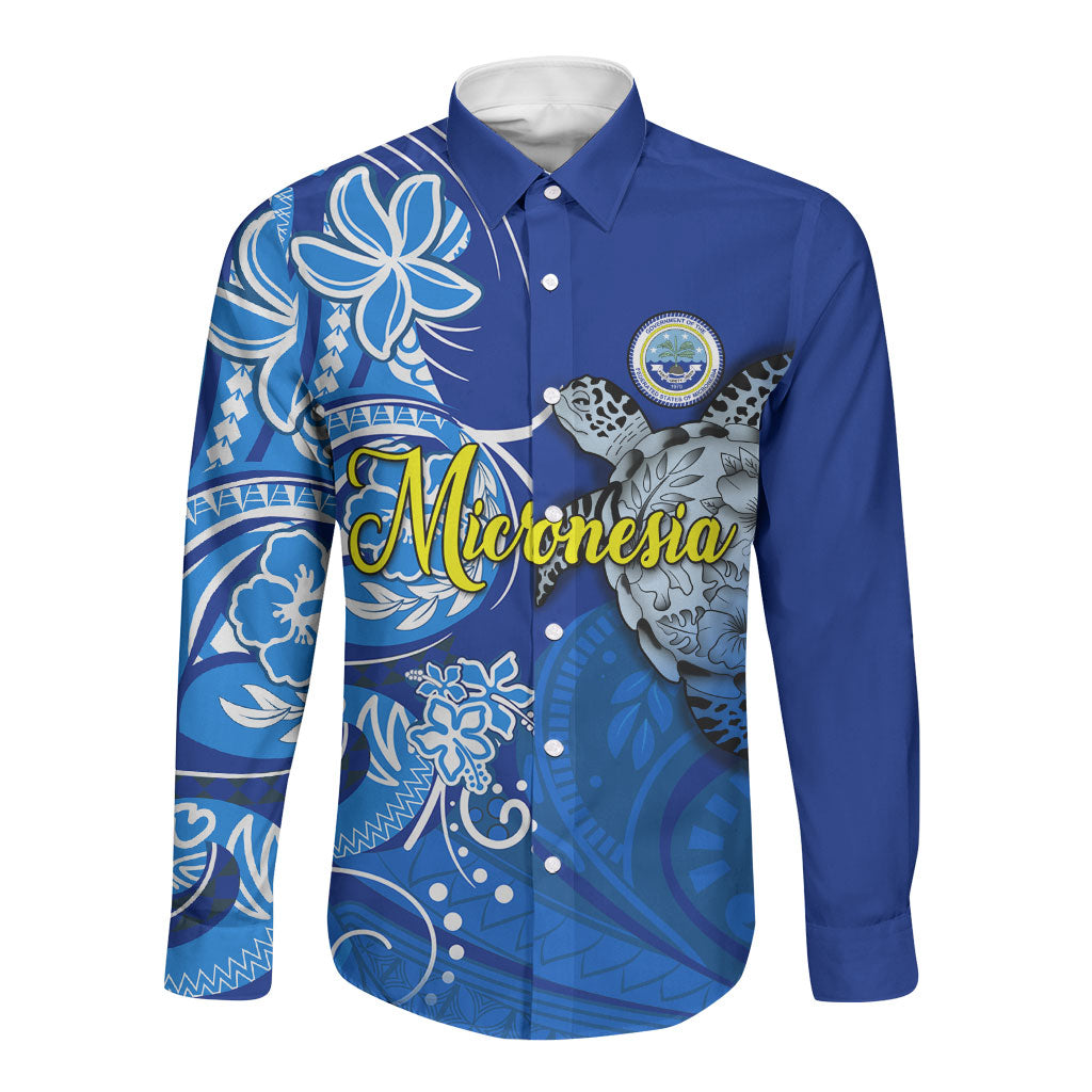 Micronesia Sea Turtle Long Sleeve Button Shirt Federated States Of Micronesia Tribal Floral Pattern TS04 Unisex Blue White - Polynesian Pride