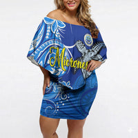 Micronesia Sea Turtle Off Shoulder Short Dress Federated States Of Micronesia Tribal Floral Pattern TS04 Women Blue White - Polynesian Pride