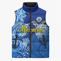 Micronesia Sea Turtle Sleeveless Puffer Jacket Federated States Of Micronesia Tribal Floral Pattern TS04 Unisex Blue White - Polynesian Pride